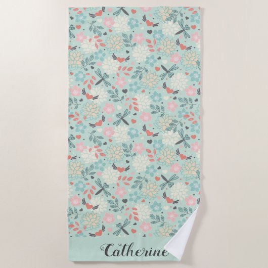 Serviette De Plage Dragonflies et Coeurs Floral (Devant)