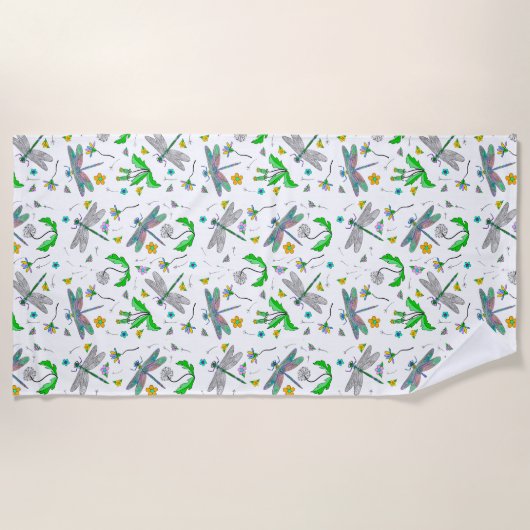 Serviette De Plage Dragonflies Whimsical et Dandelions main tiré (Devant)