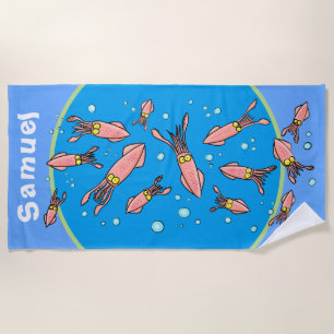Serviette De Plage Drôle école de calmar avec bulles bleues