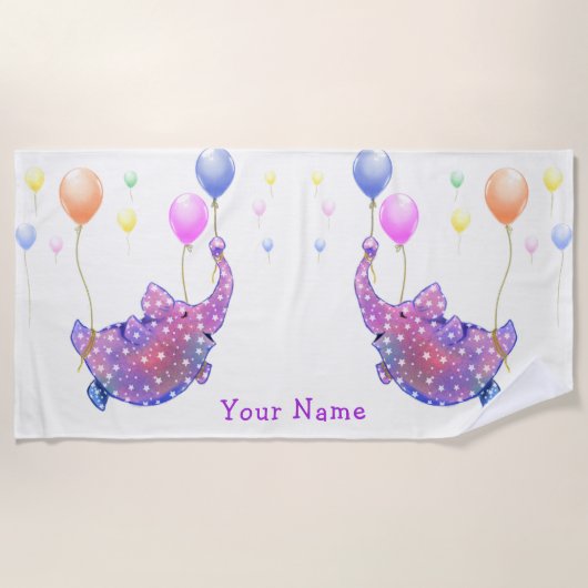 Serviette de plage drôle éléphant volant Nom Texte (Devant)