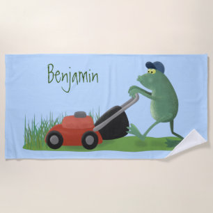 Serviette De Plage Drôle grenouille verte tondre la pelouse dessin