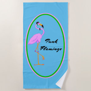 Serviette De Plage Drôle Punk Flamant rose rose sur Turquoise