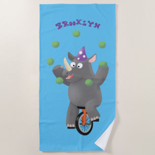 Serviette De Plage Drôle rhinocéros mignon jonglant sur monocycle
