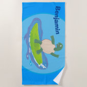 Serviette De Plage Drôle tortue vague de surf dessin animé (Devant)