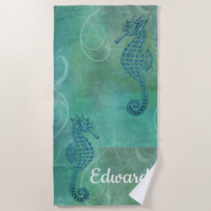 Serviette De Plage Eaux Bleues, Seahorse & Flourish
