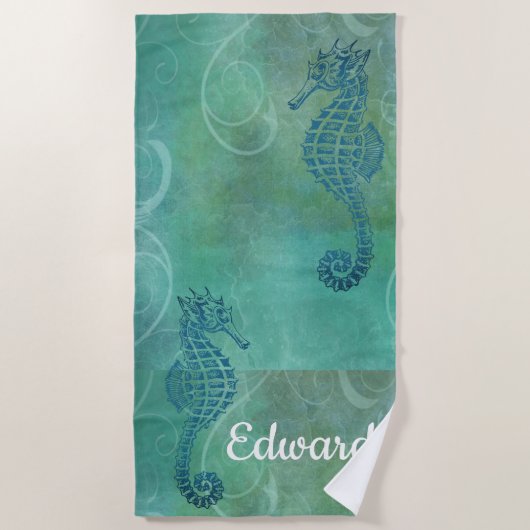 Serviette De Plage Eaux Bleues, Seahorse & Flourish (Devant)