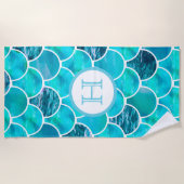 Serviette De Plage Échelles de sirène turquoise nom monogramme (Devant)