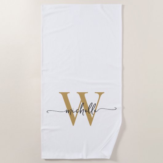 Serviette De Plage Écriture de nom de monogramme en or blanc moderne  (Devant)