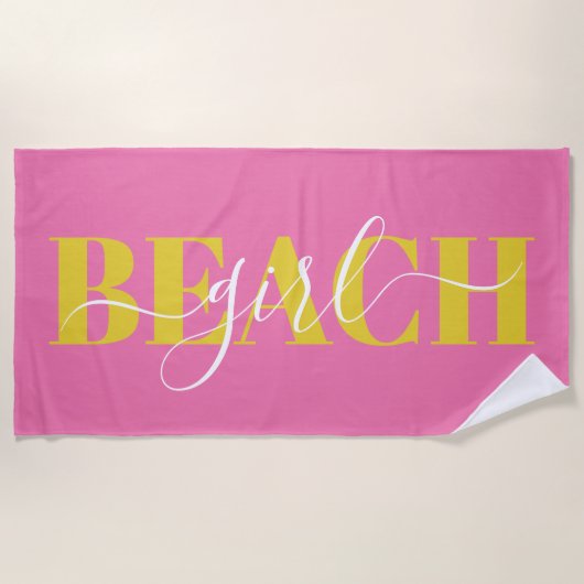 Serviette De Plage Écriture de typographie moderne rose jaune plage c (Devant)