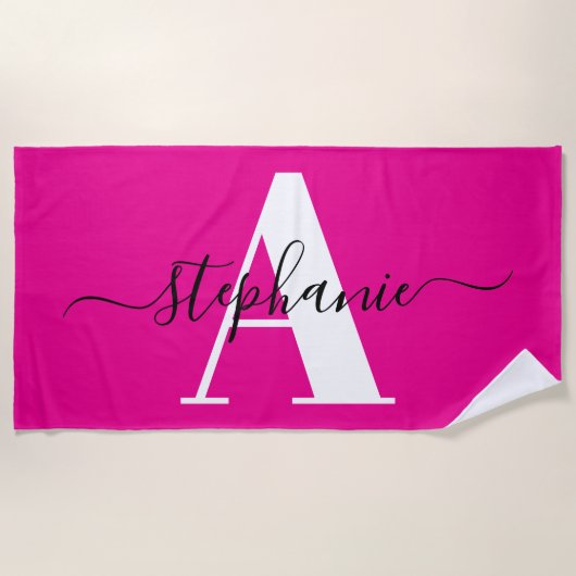 Serviette De Plage Écriture Élégante Grand Monogramme Rose Chaud (Devant)