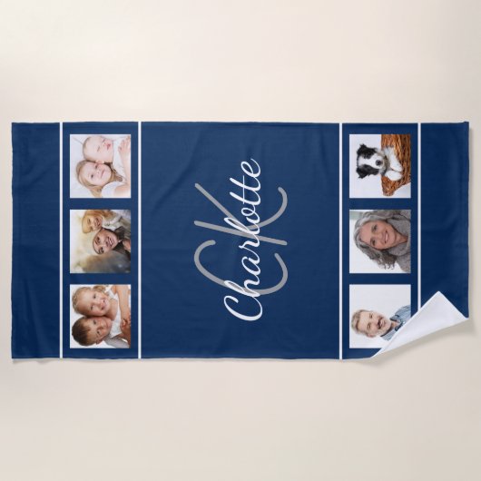 Serviette De Plage Écriture en monogramme bleu marine (Devant)