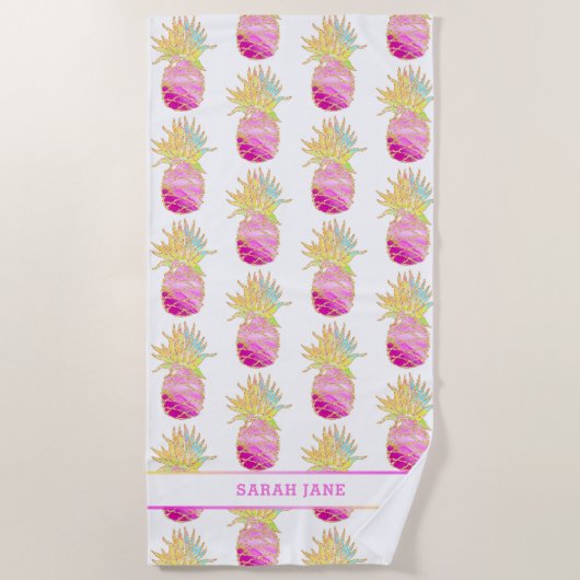 Serviette De Plage Élégant ananas en rose et or Personnalisé (Devant)