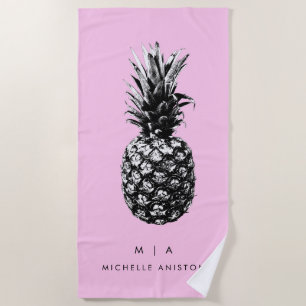 Serviette De Plage Élégant ananas rose   Monogramme personnalisé