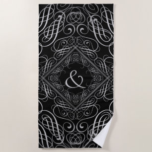 Serviette De Plage Elégant Argent Foil Look Filigree Scrollwork Noir