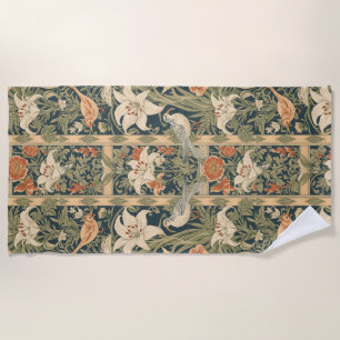 Serviette De Plage Élégant Art Nouveau Vintage Botanique Oiseau Lys