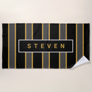 Serviette De Plage Elégant Black Gold Stripes Hommes Personnalisés