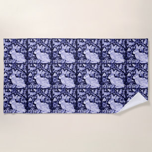 Serviette De Plage Elégant Bleu Blanc Lapin Bunnt Bird Floral Delft