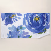 Serviette De Plage Elégant bleu floral Peony Aquarelle personnalisée (Devant)