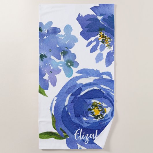 Serviette De Plage Elégant bleu floral Peony Aquarelle personnalisée (Devant)
