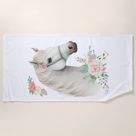 Serviette De Plage Élégant Boho Cheval Blanc Floral (Devant)