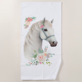 Serviette De Plage Élégant Boho Cheval Blanc Floral (Devant)