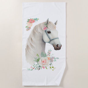 Serviette De Plage Élégant Boho Cheval Blanc Floral