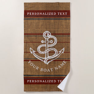 Serviette De Plage Élégant Burlap Ancre Nautique Nom de bateau Person