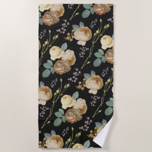 Serviette De Plage Élégant chic Rose de beige floral sur noir