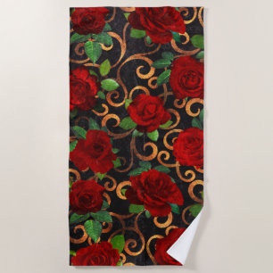 Serviette De Plage Elégant Classy Damask Vintage Chic Roses Rouge Noi