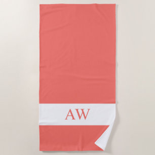 Serviette De Plage Élégant corail blanc Monogramme