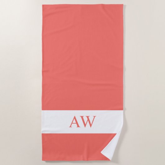 Serviette De Plage Élégant corail blanc Monogramme (Devant)