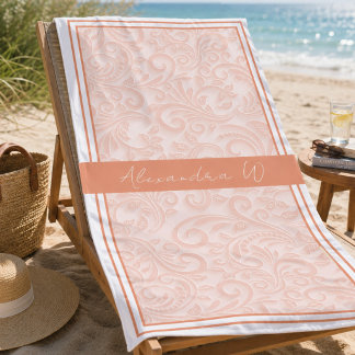 Serviette De Plage Élégant Corail Floral Damassé Monogramme Nom