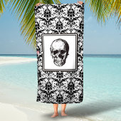 Serviette De Plage Elégant crâne noir et blanc gothique damassé