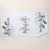 Serviette De Plage Elégant Eucalyptus Monogramme Nom du script (Devant)