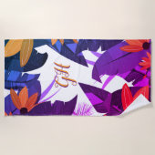 Serviette De Plage Élégant feuillage tropical violet orange monogramm (Devant)