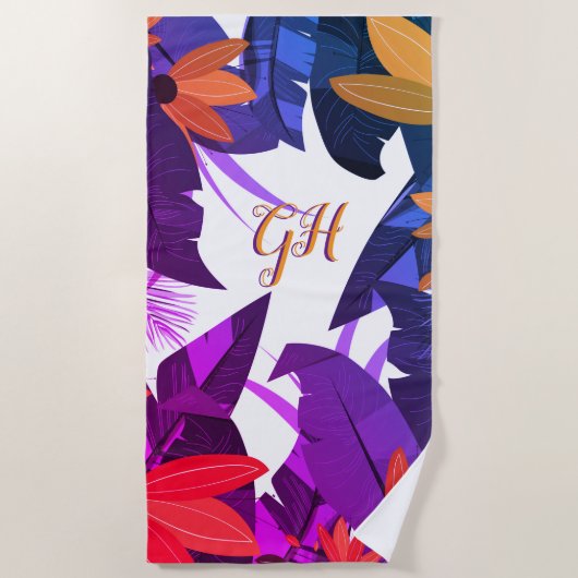 Serviette De Plage Élégant feuillage tropical violet orange monogramm (Devant)
