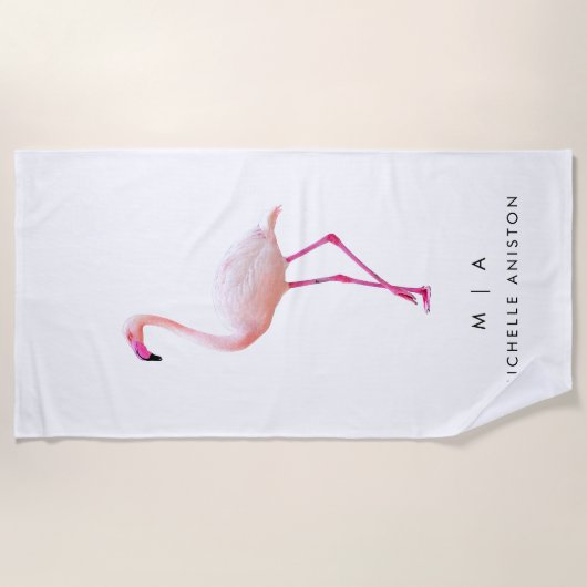 Serviette De Plage Élégant Flamant rose blanc rose | Monogramme perso (Devant)