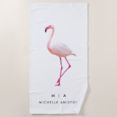 Serviette De Plage Élégant Flamant rose blanc rose | Monogramme perso (Devant)
