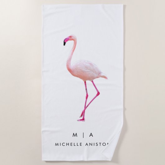 Serviette De Plage Élégant Flamant rose blanc rose | Monogramme perso (Devant)