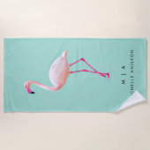 Serviette De Plage Élégant Flamant rose vert rose | Monogramme person (Devant)