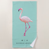 Serviette De Plage Élégant Flamant rose vert rose | Monogramme person (Devant)