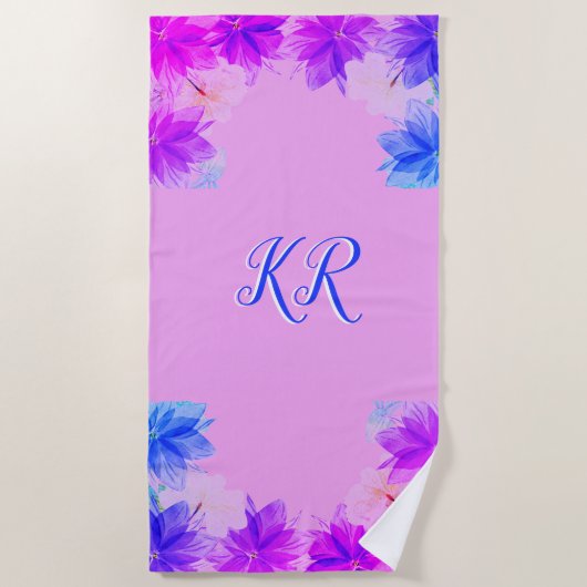 Serviette De Plage Élégant Fleurs tropicales violet bleu Monogramme (Devant)