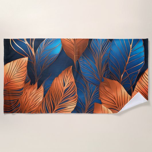 Serviette De Plage Elégant Gold Blue Foliage Nature Design (Devant)
