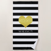 Serviette De Plage Elégant Gold Heart Name Black and White Stripes (Devant)