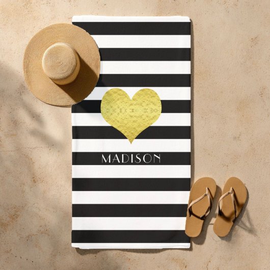 Serviette De Plage Elégant Gold Heart Name Black and White Stripes