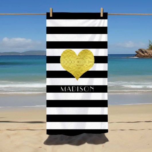 Serviette De Plage Elégant Gold Heart Name Black and White Stripes