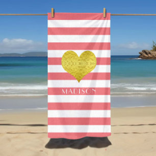 Serviette De Plage Elégant Gold Heart Name Pink And White Stripes