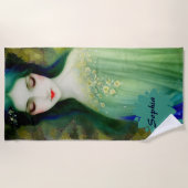 Serviette De Plage Élégant Imaginaire Portrait femme en vert et bleu (Devant)