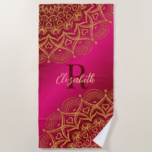 Serviette De Plage Élégant Mandala Rose chaud Monogramme été (Devant)
