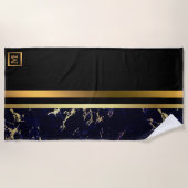 Serviette De Plage Élégant Marbre Monogramme moderne Noir Or (Devant)
